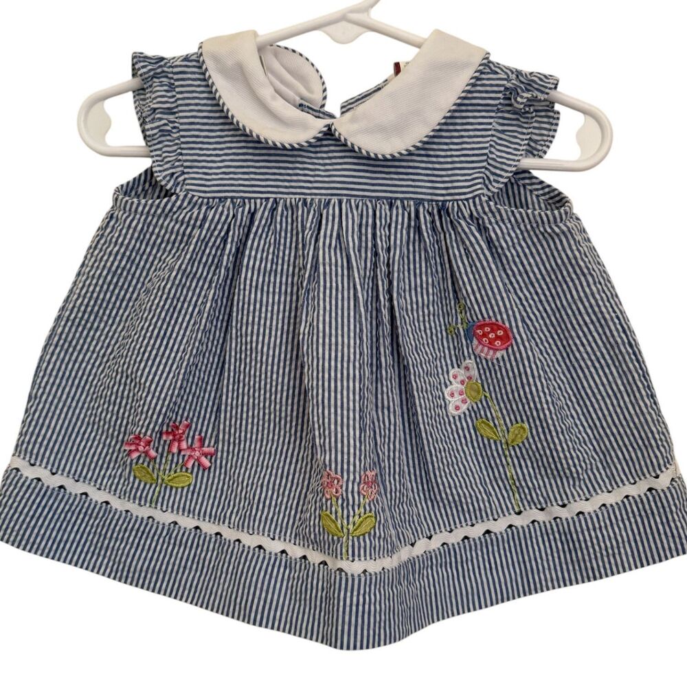 Little Bitty Baby Girls Dress 3-6M Blue Seersucker Peter Pan Collar Floral
